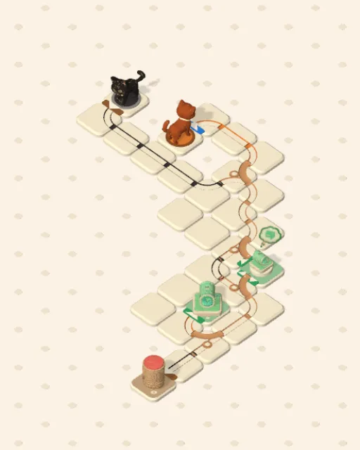 Black Cat garden 46, Her Mind, Not Hers solved — the finished board with each cat's route drawn across the stones in her own colour