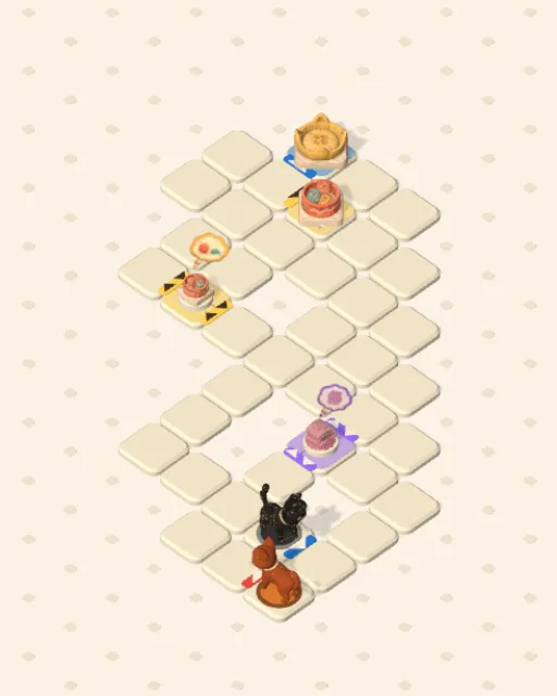 Black Cat garden 48, Turned Both Ways before it is solved — the stones, the cats on their mats and the things they are heading for