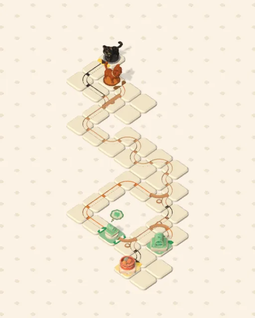 Black Cat garden 49, Grumpy and Playful solved — the finished board with each cat's route drawn across the stones in her own colour